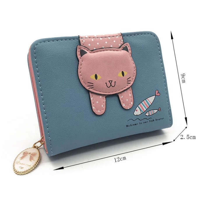 Women Cute Cat Wallet Small Zipper Wallet PU Leather Coin Purse Card Holder, Cat Rose Red, Cat Bl...