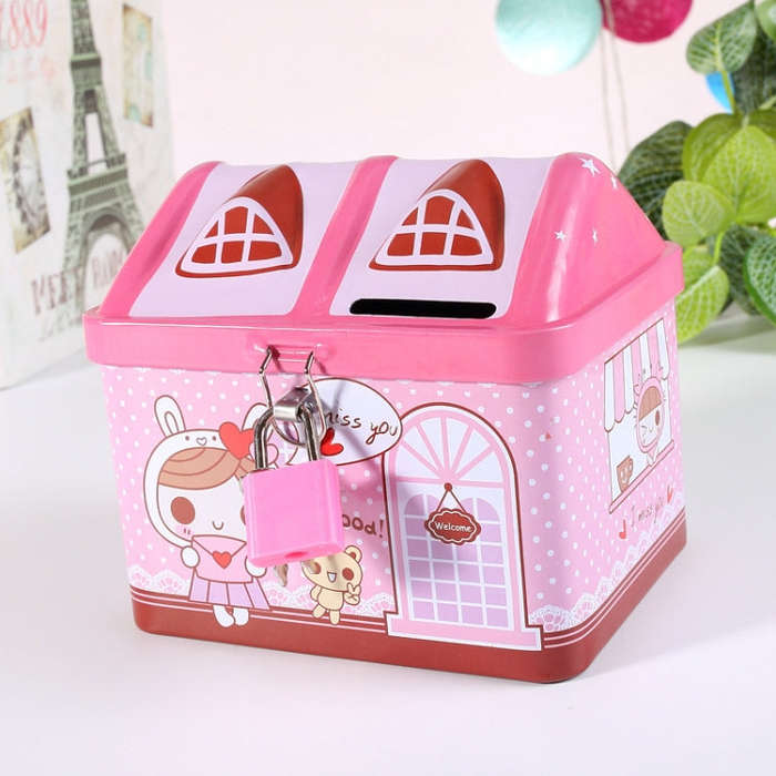 Children Cartoon Saving Small Coin Storage House Piggy Bank, Pink, Blue