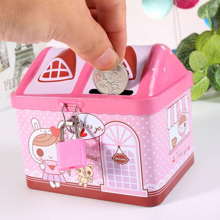 Children Cartoon Saving Small Coin Storage House Piggy Bank, Pink, Blue