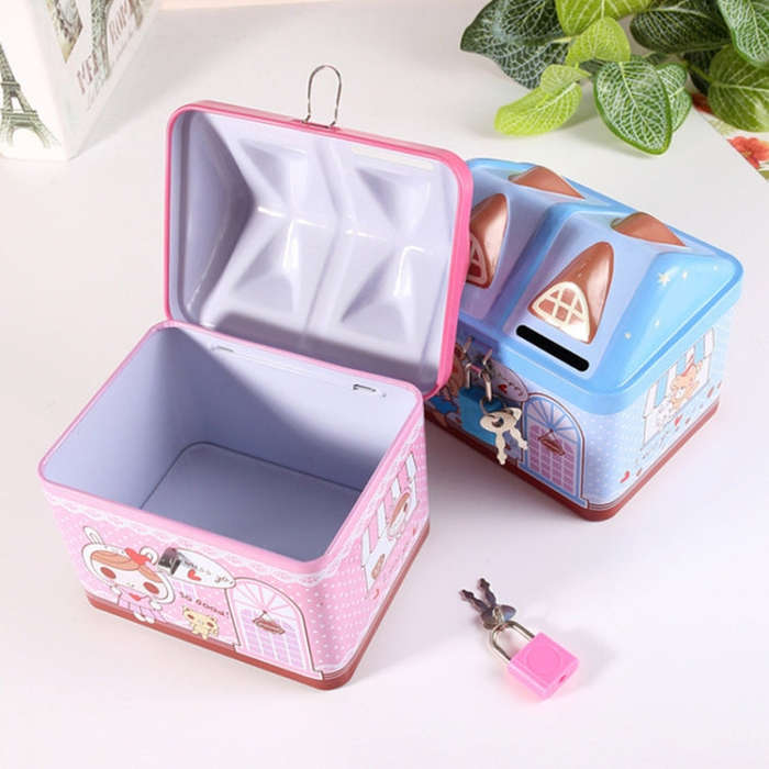 Children Cartoon Saving Small Coin Storage House Piggy Bank, Pink, Blue