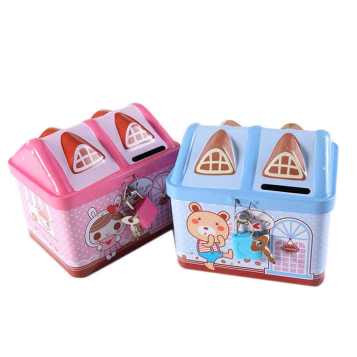 Children Cartoon Saving Small Coin Storage House Piggy Bank, Pink, Blue