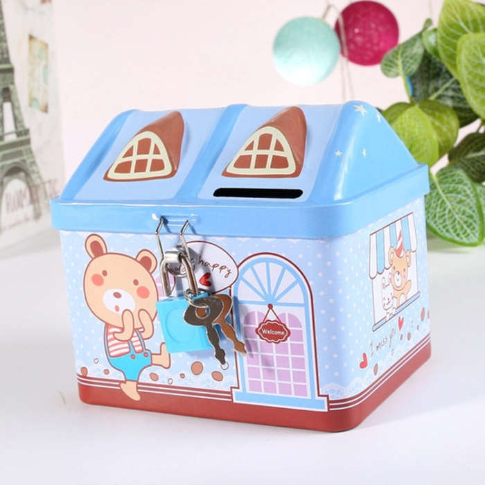 Children Cartoon Saving Small Coin Storage House Piggy Bank, Pink, Blue
