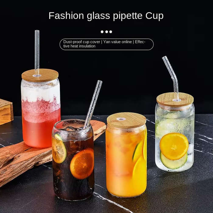 4-Piece Glass Cups with Bamboo Lids and Straws Se