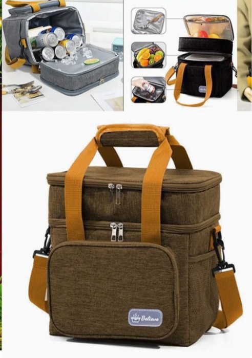 Double Layer Insulated Cooler Bag - Large Capacity with Handles & Shoulder Strap