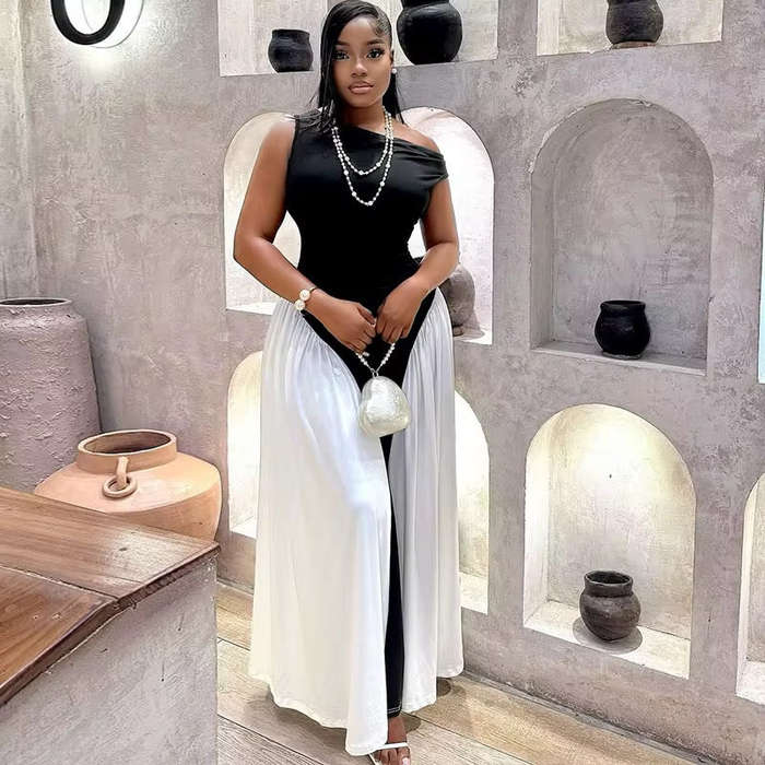 Elegant Black & White Asymmetric Maxi Dress