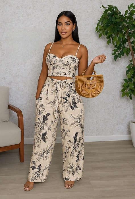 Floral Two-Piece Crop Top & Wide Leg Pants Set