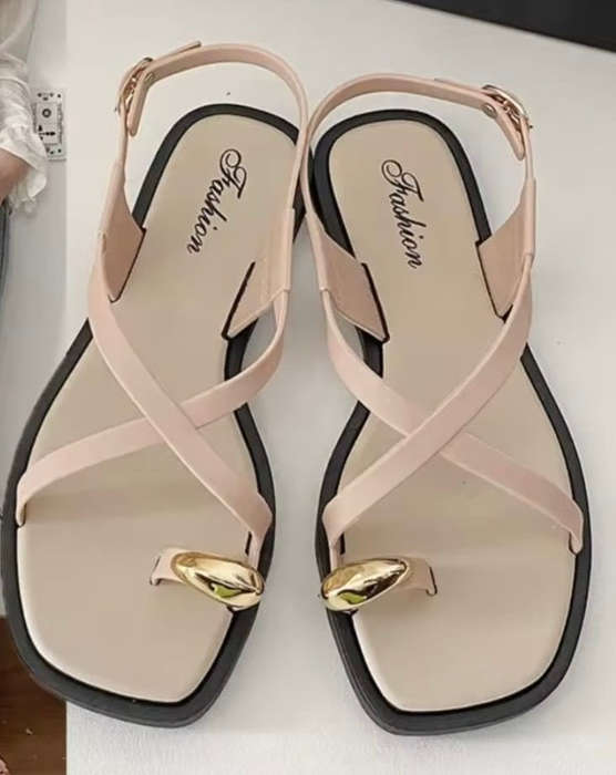 Strappy Flat Sandals with Gold Toe Ring