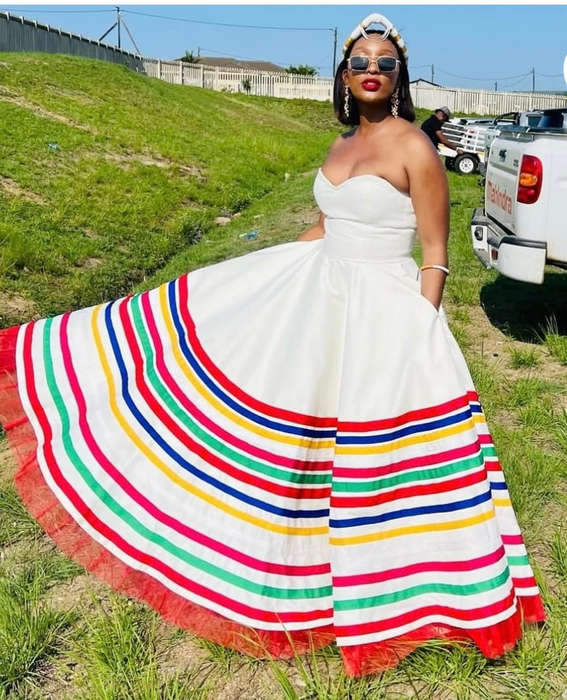 Elegant Rainbow Striped Strapless Maxi Dress with Matching Cape
