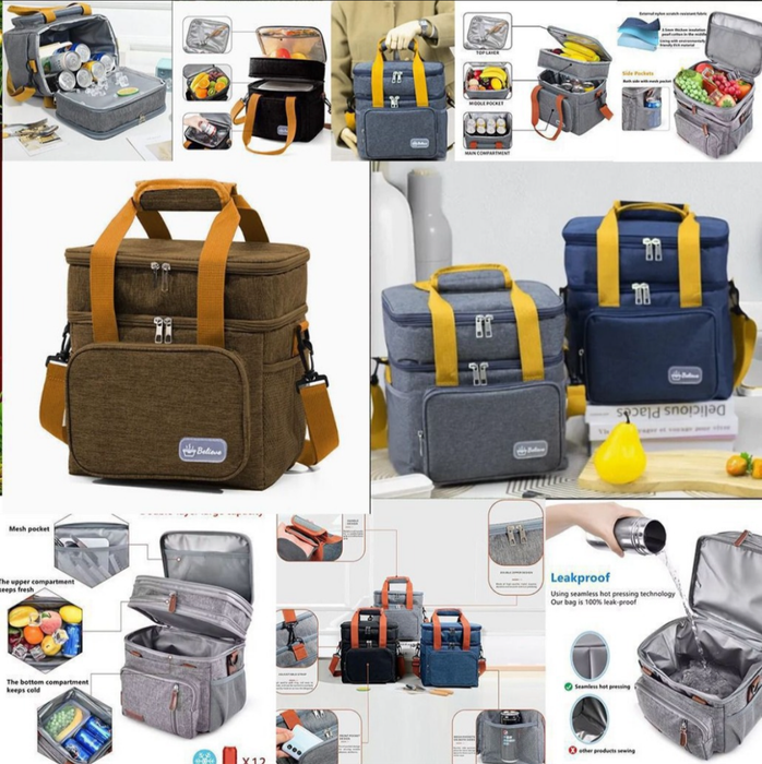 Double Layer Insulated Cooler Bag - Large Capacity with Handles & Shoulder Strap