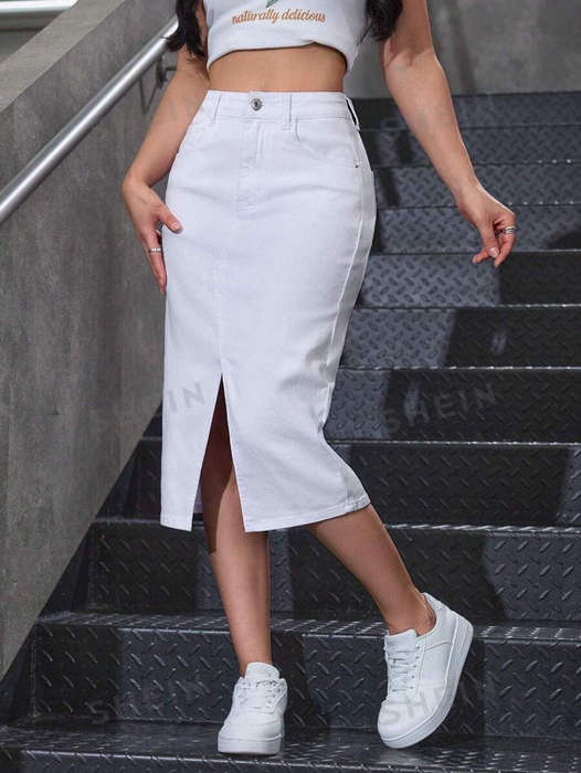 White Denim Midi Skirt with Front Slit