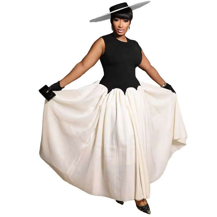Elegant Black & White Maxi Dress with Waist Detail