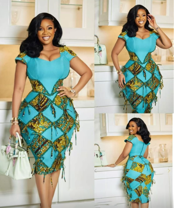 African Print Bodycon Dress - Turquoise & Gold
