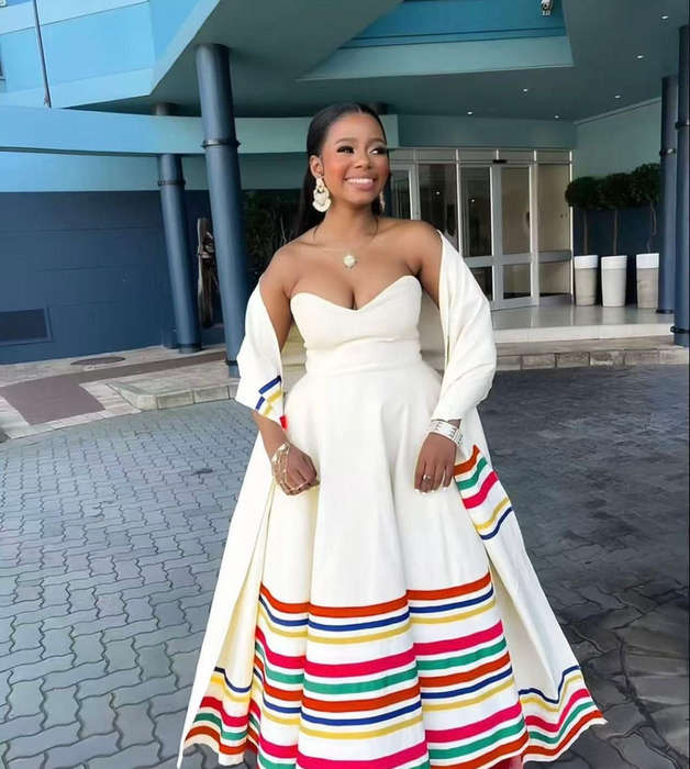 Elegant Rainbow Striped Strapless Maxi Dress with Matching Cape