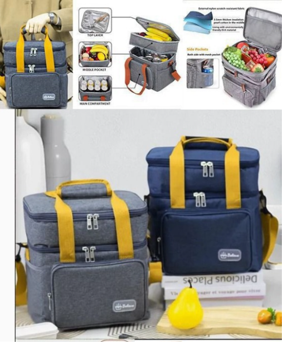 Double Layer Insulated Cooler Bag - Large Capacity with Handles & Shoulder Strap