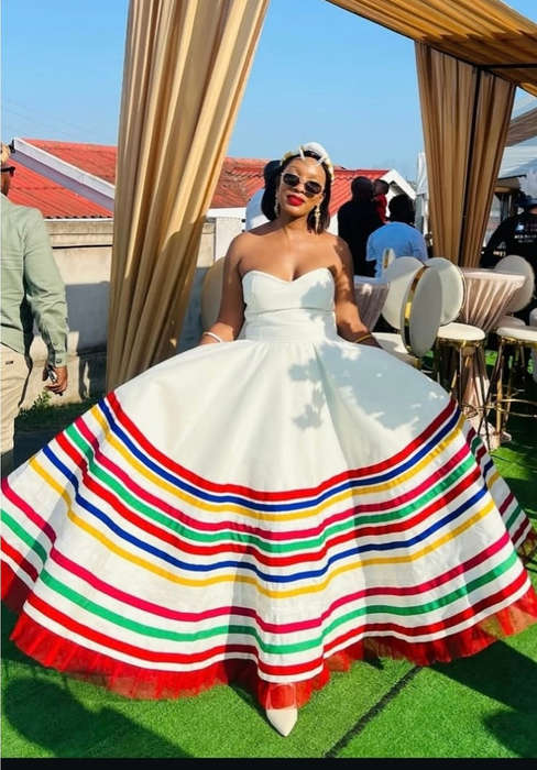 Elegant Rainbow Striped Strapless Maxi Dress with Matching Cape