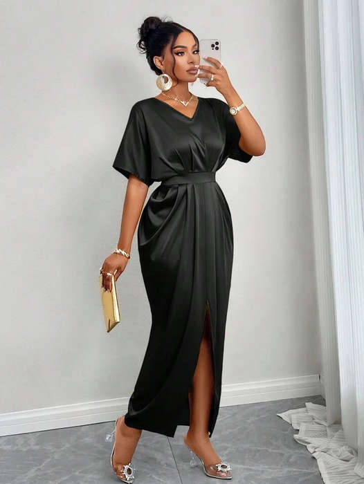 Silk Satin V-Neck Dress with Figure Belt & Front Slit