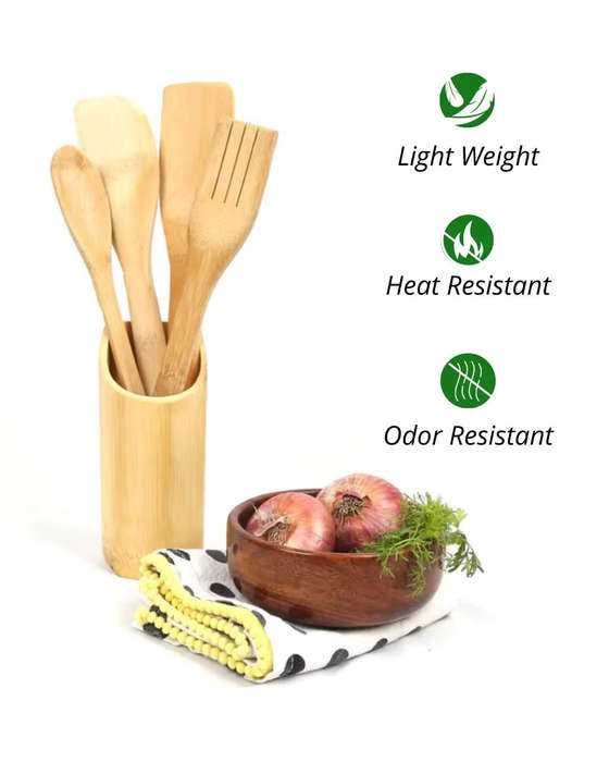 4-Piece Bamboo Wooden Cooking Utensils Set with Holder