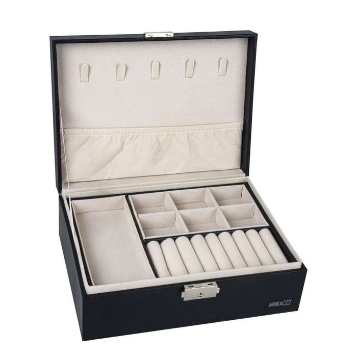 ZS - Compact PU Leather Double Layer Lockable Jewelry Storage Box Organizer-Tiered Tray Black