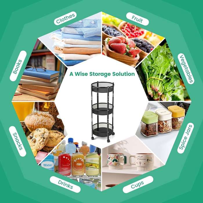 ZS - Folding Kitchen Storage Rack, 3 Tier Storage Rack Shelf with Wheels