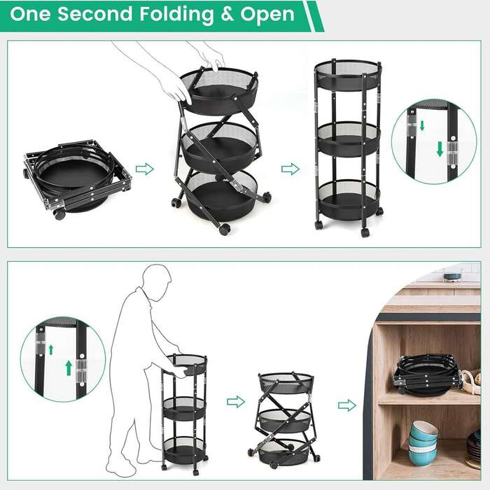 ZS - Folding Kitchen Storage Rack, 3 Tier Storage Rack Shelf with Wheels