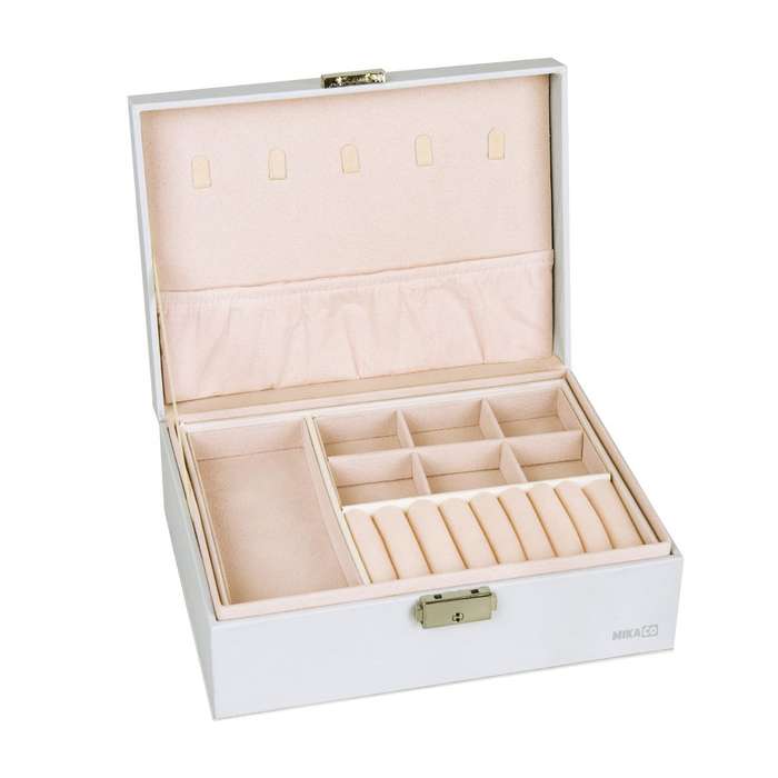 ZS - Compact PU Leather Double Layer Lockable Jewelry Storage Box Organizer-Tiered Tray White