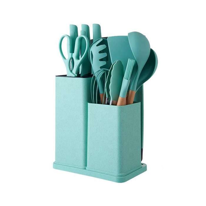 ZS - Silicone Kitchenware Set 19 Pieces Knife & Spoon Set With Storage Rack Black