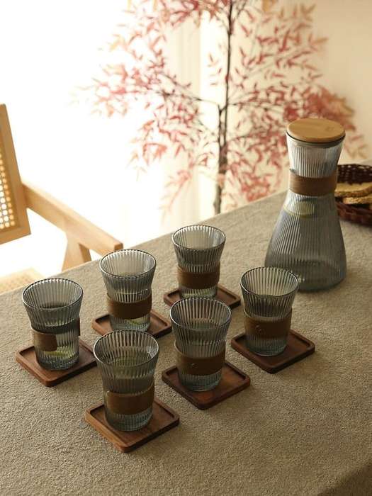 ZS - Ribbed Glass Pitcher Set with 6 Cups Clear