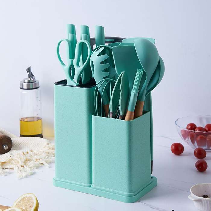 ZS - Silicone Kitchenware Set 19 Pieces Knife & Spoon Set With Storage Rack Blue