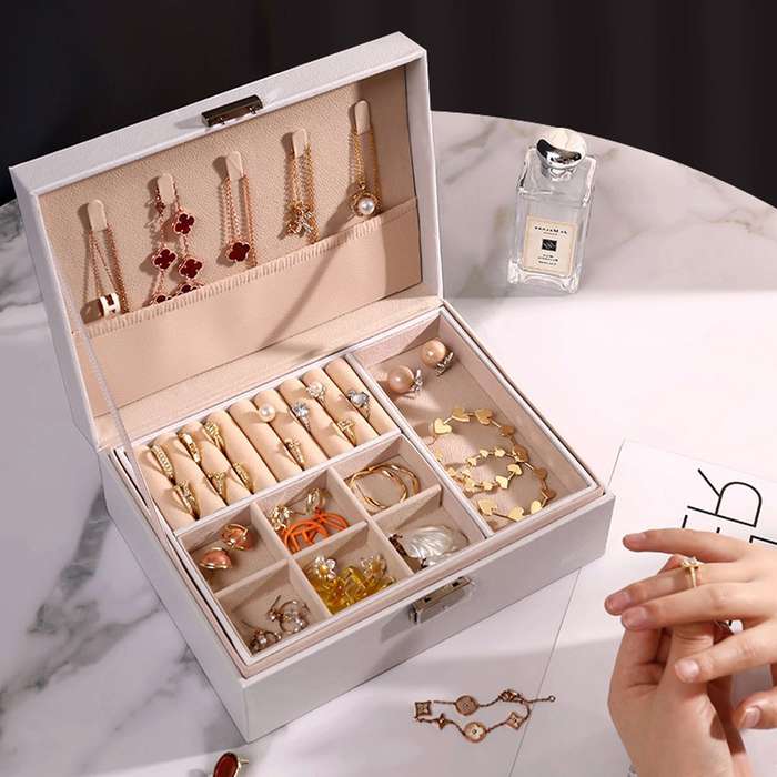 ZS - Compact PU Leather Double Layer Lockable Jewelry Storage Box Organizer-Tiered Tray Pink