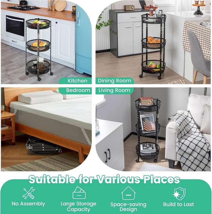 ZS - Folding Kitchen Storage Rack, 3 Tier Storage Rack Shelf with Wheels