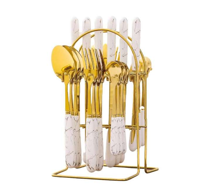24pcs Gold Dinnerware Flatware Set with Marbled Ceramic Handle & Holder - White