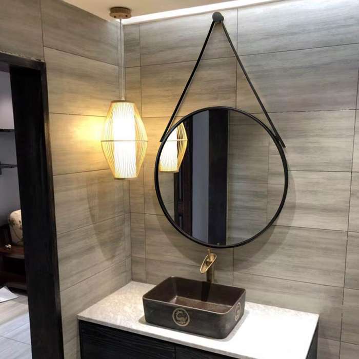 ZS - 48cm Round Hanging Mirror With Leather Strap Black