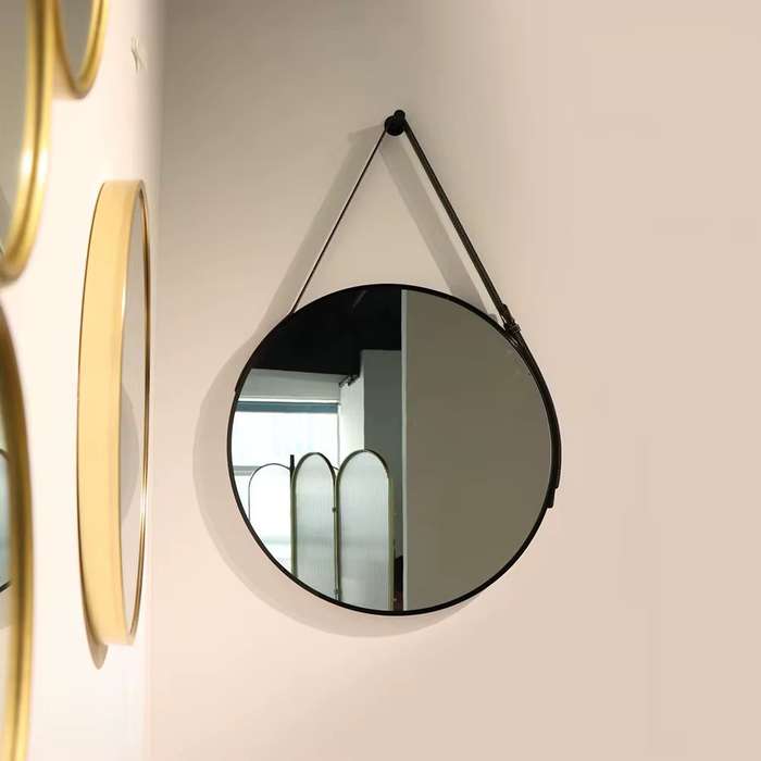 ZS - 48cm Round Hanging Mirror With Leather Strap Black