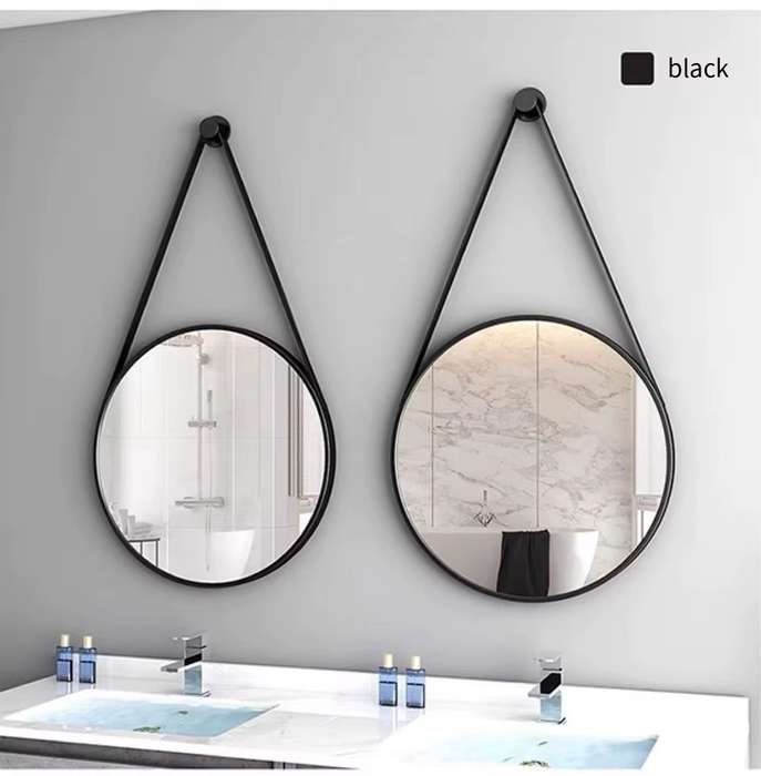 ZS - 48cm Round Hanging Mirror With Leather Strap Black
