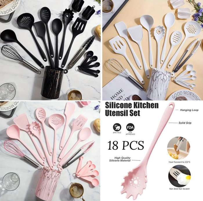 ZS - 18 Pcs Silicone Kitchen Tools Utensils Pink