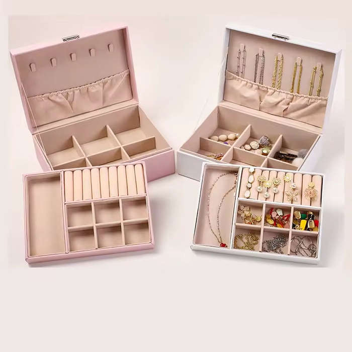 ZS - Compact PU Leather Double Layer Lockable Jewelry Storage Box Organizer-Tiered Tray Pink
