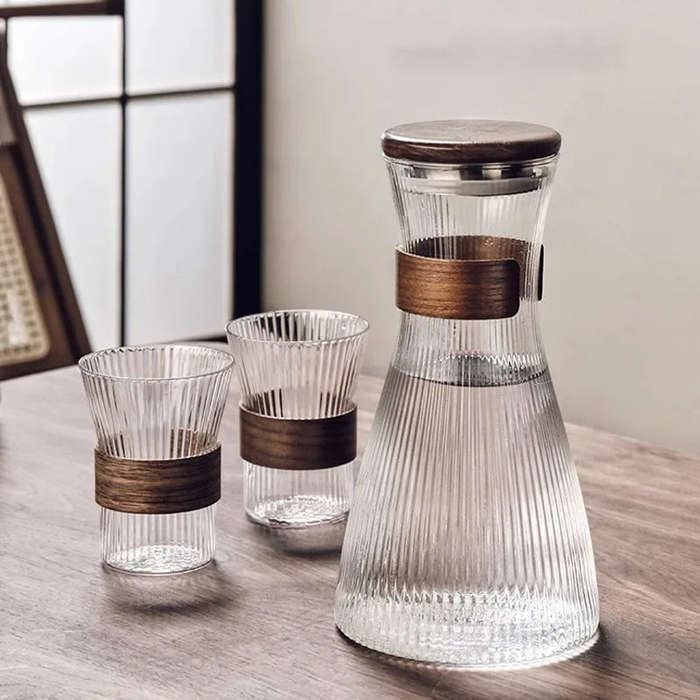 ZS - Ribbed Glass Pitcher Set with 6 Cups Clear
