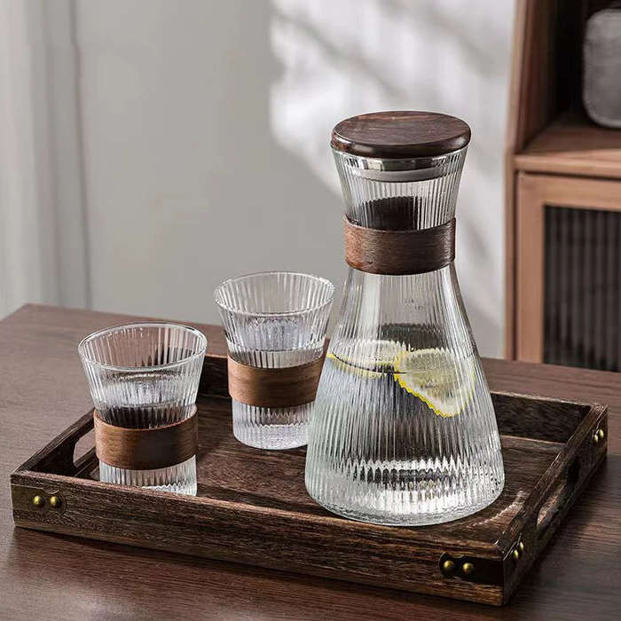 ZS - Ribbed Glass Pitcher Set with 6 Cups Clear