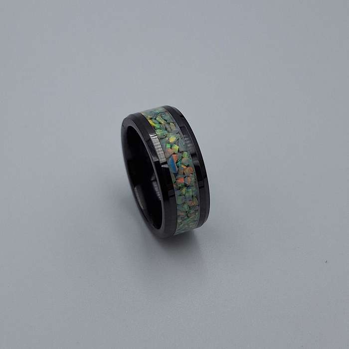 Custom Handmade Black Ceramic 8mm Ring With Crushed Opals - Size 7