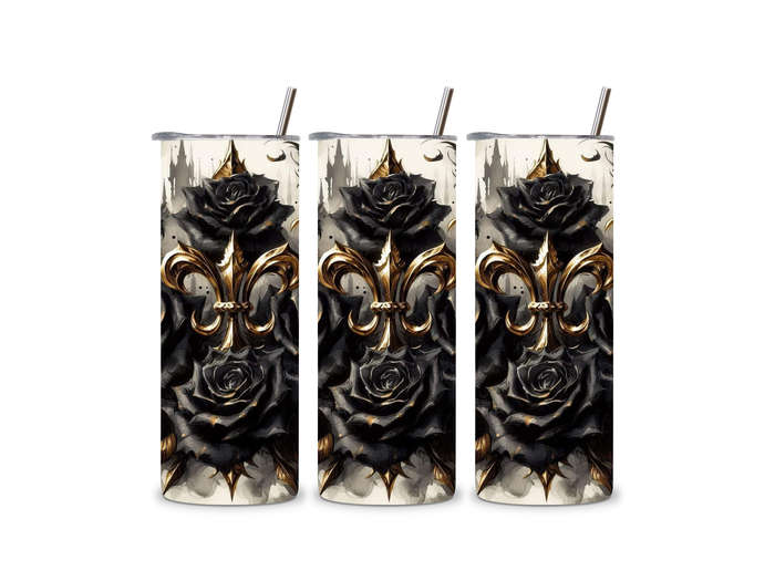 Fleur de Lis and Black Roses Skinny Tumbler