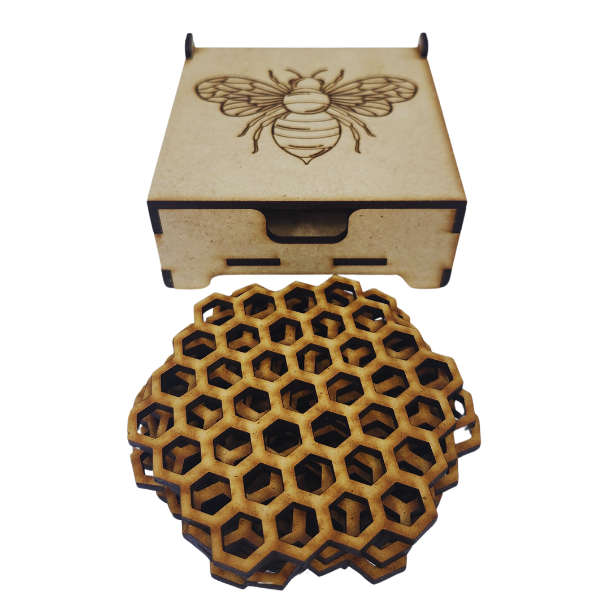 Honeycomb Coaster Set with Bee-Themed Storage Box