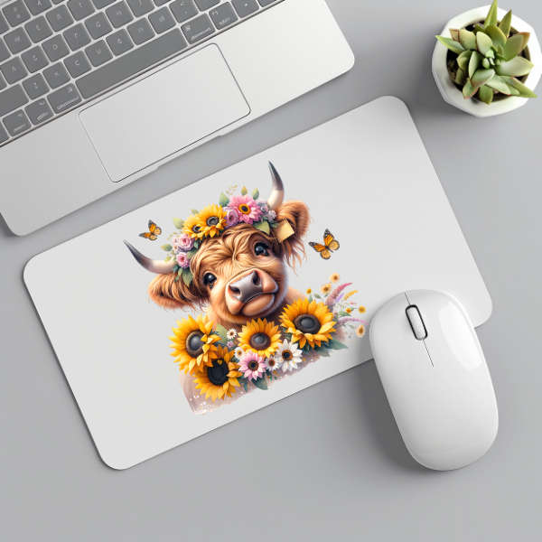 Sunflower Highland Cow Mouse Pad