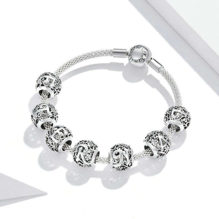 S925 Sterling Silver Mori Series Hollow Letters Beads DIY Bracelet Necklace Accessories(J)