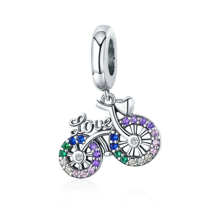 S925 Sterling Silver Bicycle Pendant Color Inlaid Zircon Beads DIY Bracelet Charm Accessories, St...