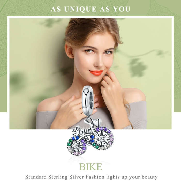 S925 Sterling Silver Bicycle Pendant Color Inlaid Zircon Beads DIY Bracelet Charm Accessories, St...
