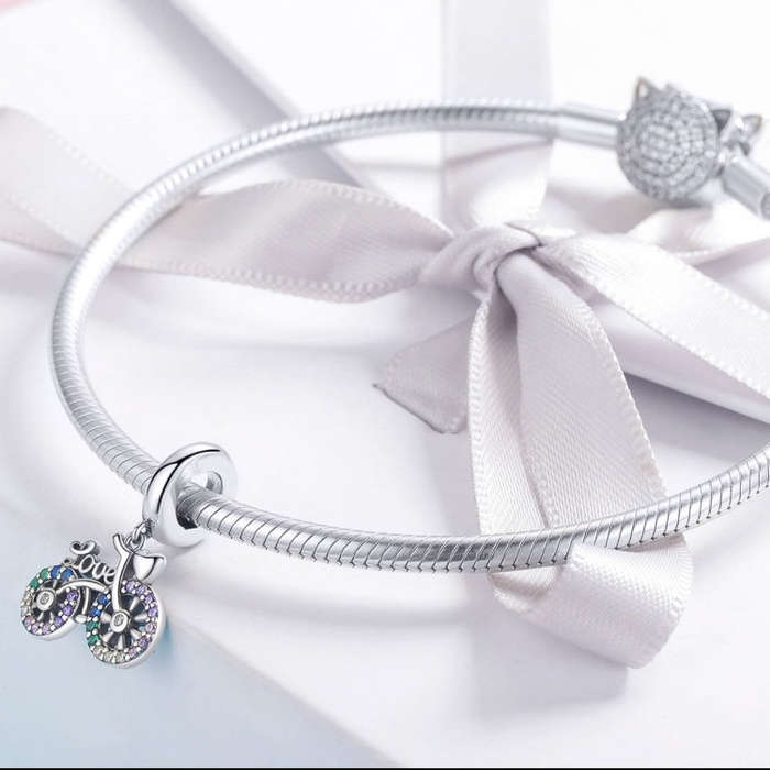 S925 Sterling Silver Bicycle Pendant Color Inlaid Zircon Beads DIY Bracelet Charm Accessories, St...