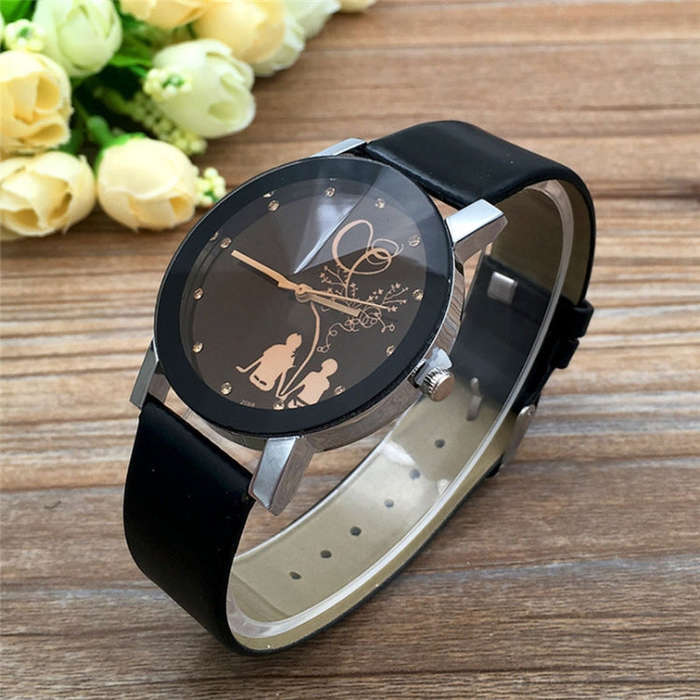 Couple Back View Pattern Leather Strap Quartz Watch(Black for Woman)