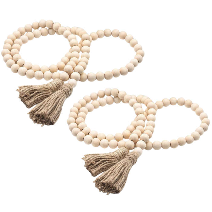 2 Pcs Farmhouse Wood Beads Garland with Tassels, Boho Home Decor, Handmade