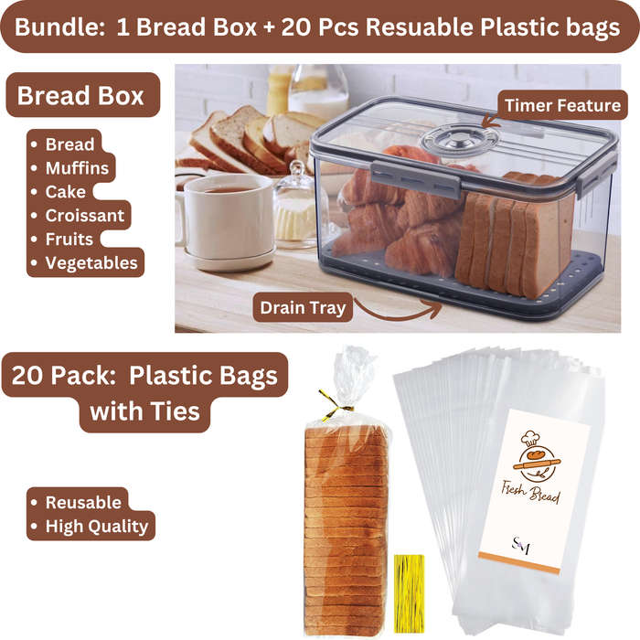 Bread Bin Box for Kitchen & 20 Pack Reusable Plastic Bread Bags with Ties