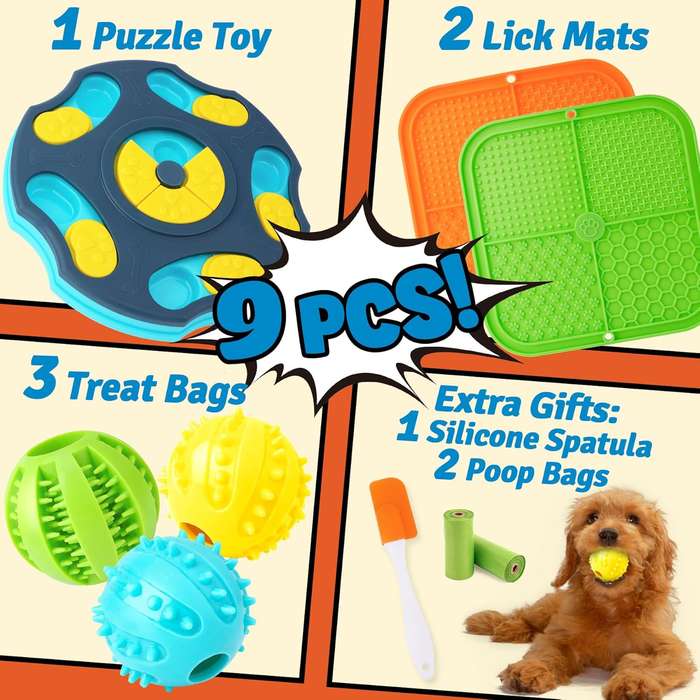9 Pack Dog Puzzle Toy Set, Dog Enrichment Toys with Lick Mat & Treat Balls